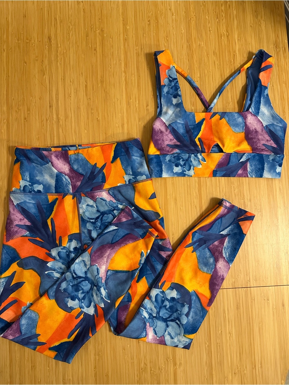 Vibrant Floral High-Waist Legging & Sports Bra Set - Orange & Blue